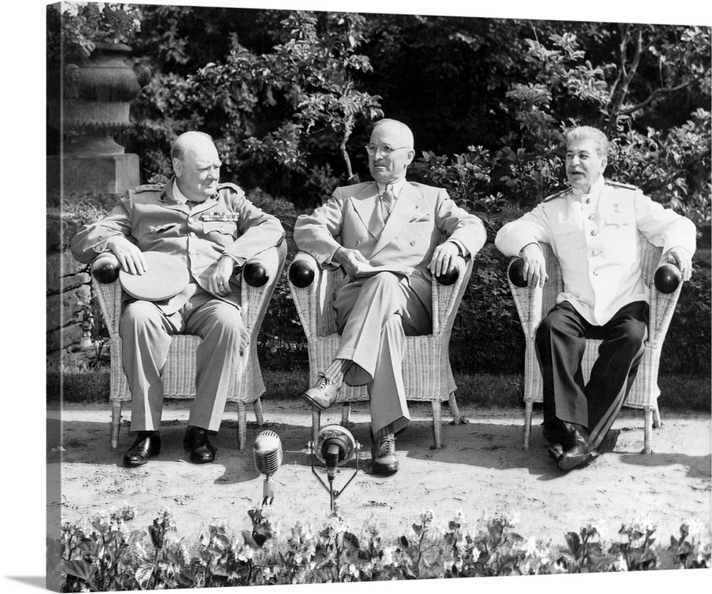 Allied leaders during the Potsdam Conference; Winston Churchill, Harry S. Truman and Joseph Stalin.
