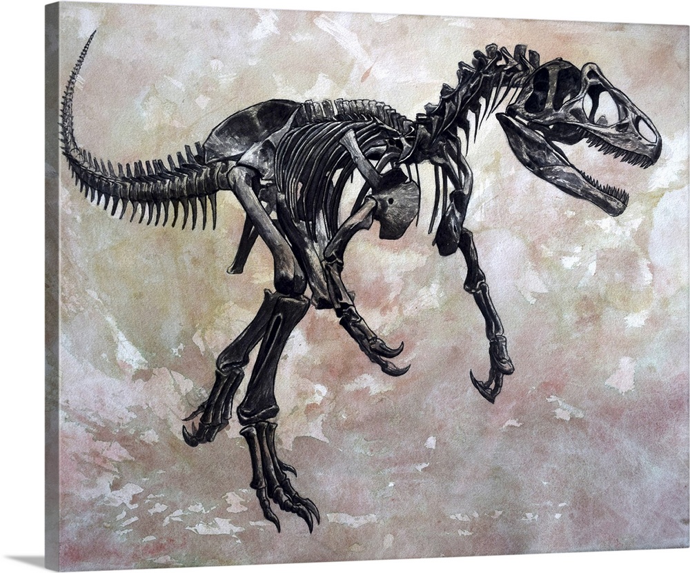 Allosaurus dinosaur skeleton on textured background.