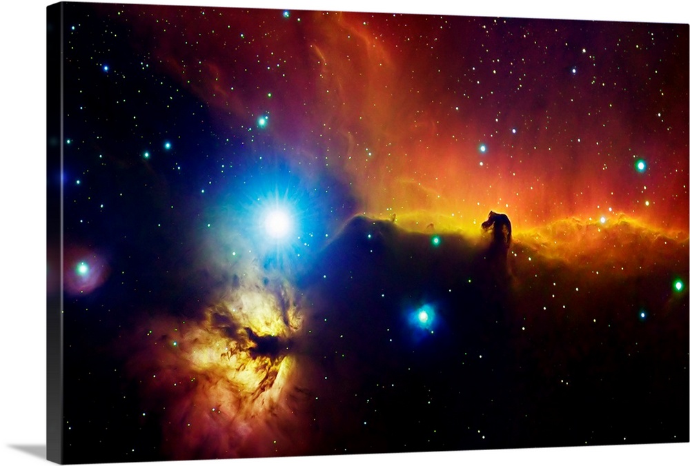 Big photograph showcases a star filled sky within the Alnitak region in Orion Flame Nebula that features Horsehead Nebula.