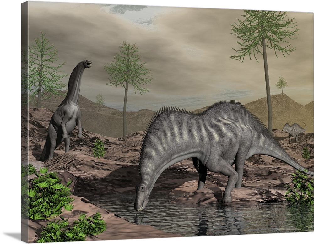 Amargasaurus dinosaurs drinking from a stream.