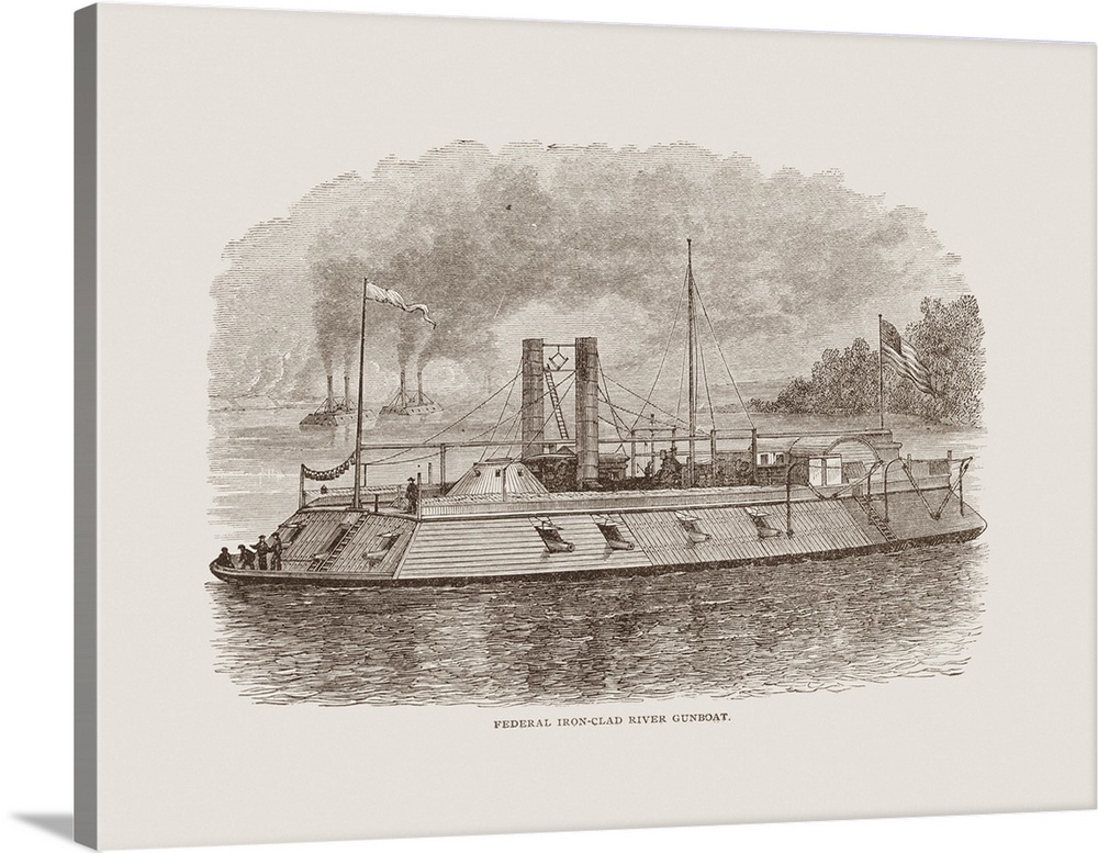 American Civil War history engraved print of a Union ironclad river gunboat.