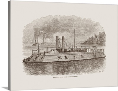 American Civil War History Engraved Print Of A Union Ironclad River Gunboat