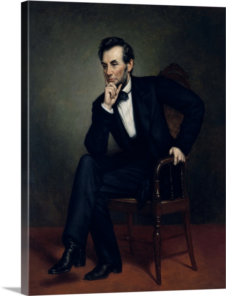 Vintage American Civil War painting of President Abraham Lincoln seated in a chair.