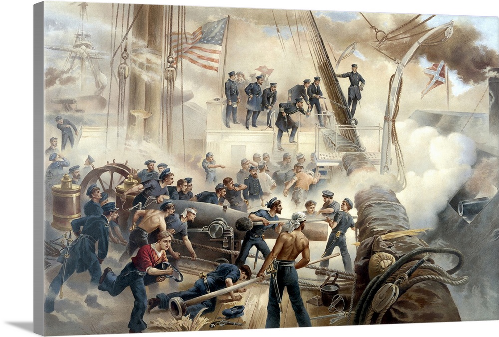 Vintage American Civil War print showing a battle at sea between Union and Confederate ships.
