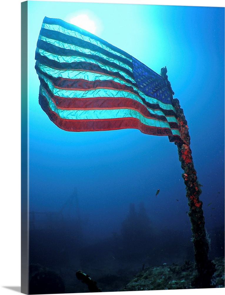 American flag on a sunken ship in Key Largo, Florida.