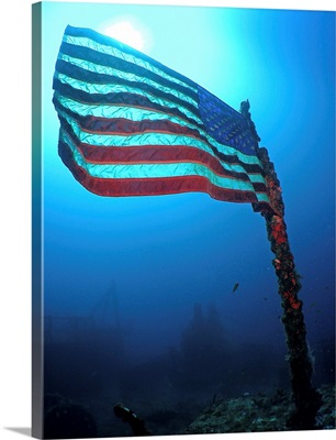 American flag on a sunken ship in Key Largo, Florida