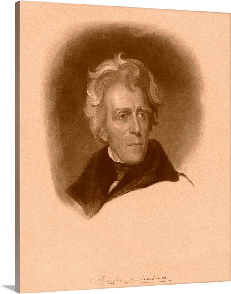 Digitally restored American history portrait of President Andrew Jackson and his signature.