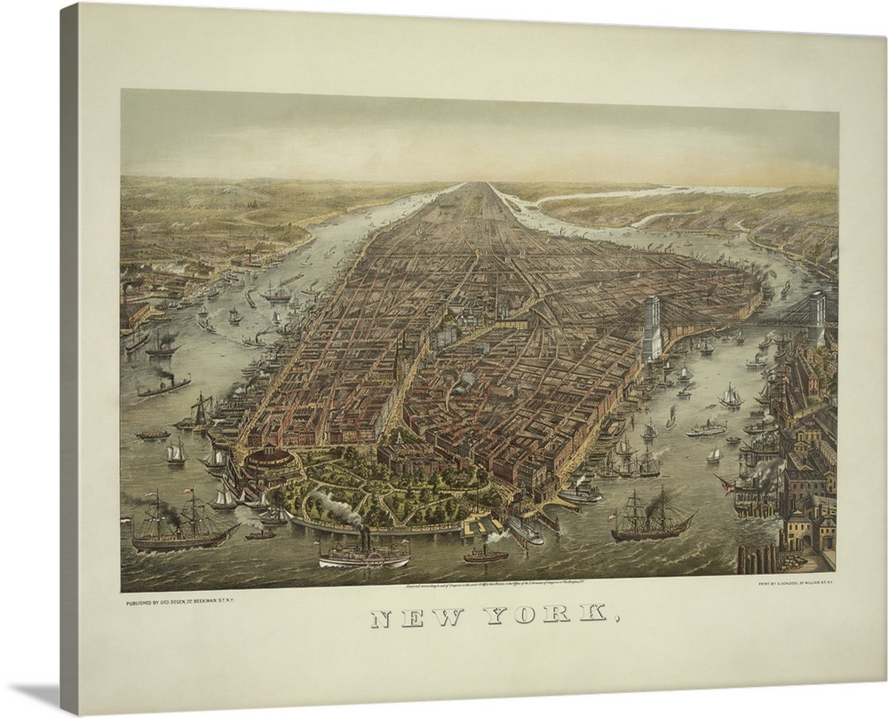 American history print showing an illustrated bird's eye view of Manhattan, New York City.
