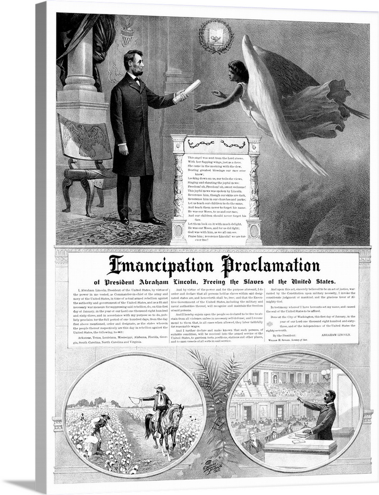 Vintage American History print of President Abraham Lincoln handing a copy of The Emancipation Proclamation to an angel. I...