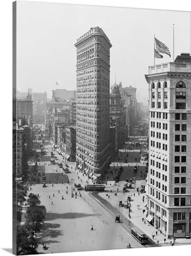 American history photo featuring the Flatiron Building, an iconic New York City skyscraper, circa 1908.