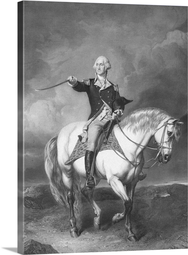 Vintage American Revolutionary War print of General George Washington on horseback, his sword raised, receiving a salute o...