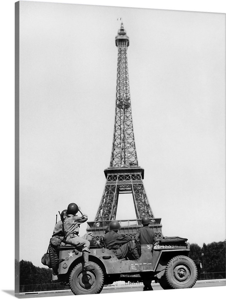 American soldiers viewing The Eiffel Tower after the liberation of Paris France, 1944.