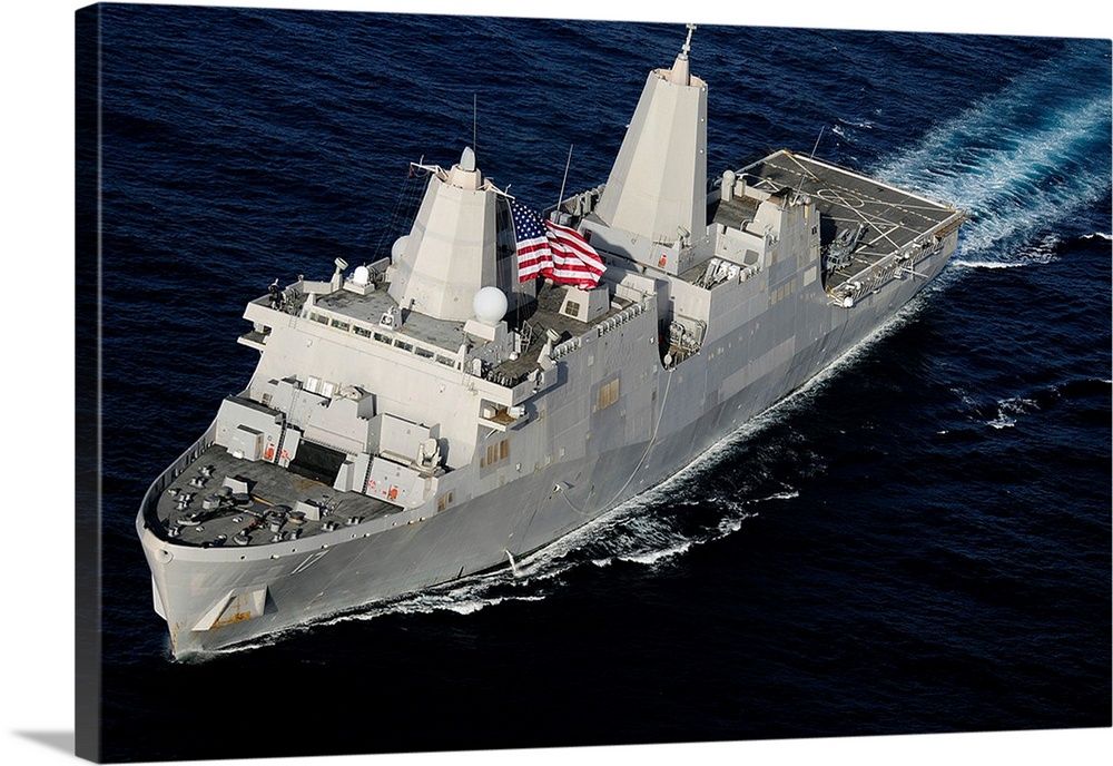 Amphibious transport dock ship USS San Antonio transiting the Gulf of Aden.