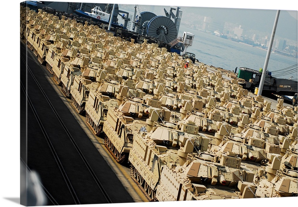 An abundance of Bradley Fighting Vehicles at Pier 8, Busan, South Korea.
