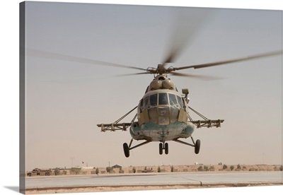 An Afghan Air Force Russian Mil MI-17 helicopter takes off