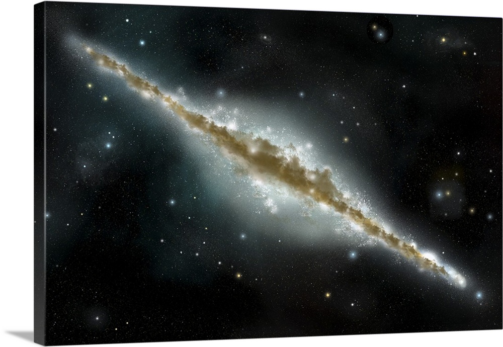 An artist's depiction of a large spiral galaxy viewed from edge on.