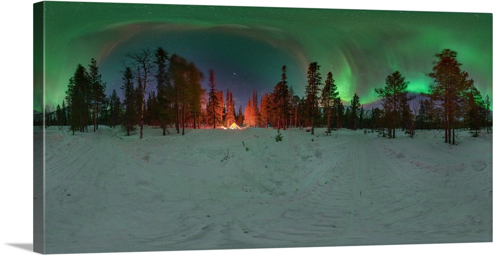 An aurora over the winter forest with glowing tent in the Kola Peninsula, Russia.