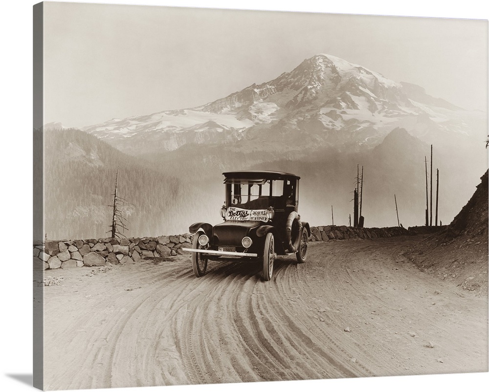 An electric car produced for on a promotional tour, with Mt. Rainier in the distance.