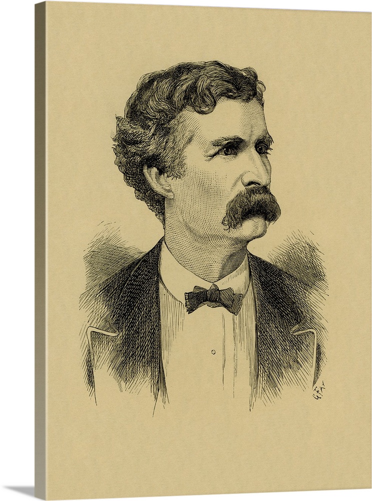 An engraved portrait print of Mark Twain.