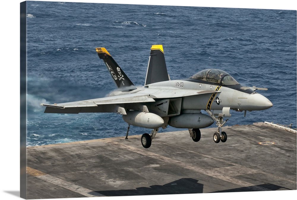 A US Navy F/A-18F Super Hornet descends to make an arresting gear landing aboard USS Eisenhower. Eisenhower is operating i...
