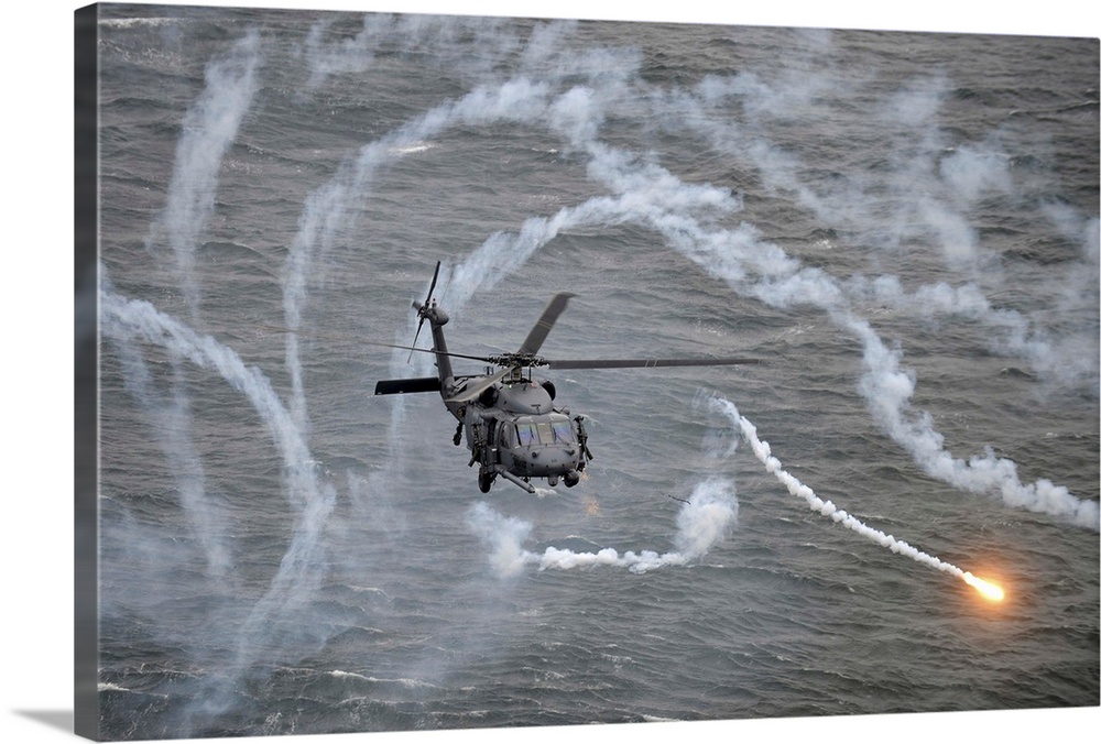 An HH-60 Pavehawk helicopter testing the aircraft's defensive systems.