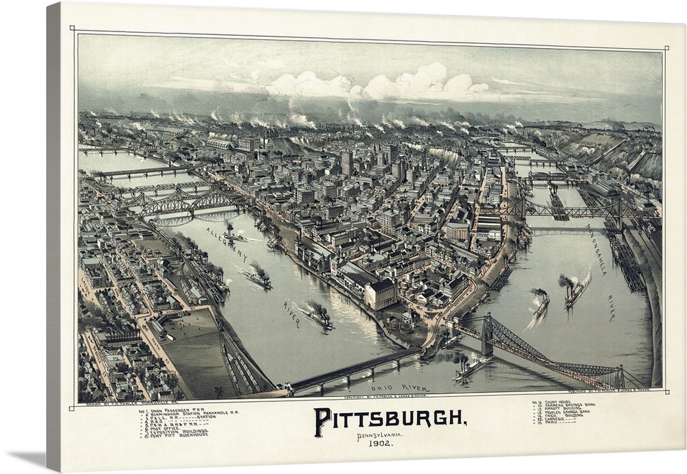 An illustrated birds eye view of the city of Pittsburgh, Pennsylvania in 1902.