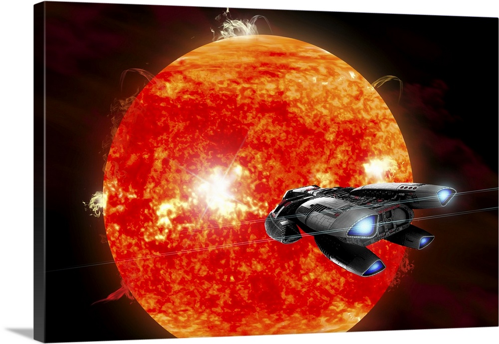 An ion drive powered exploration spaceship approaches a violent, new red star.
