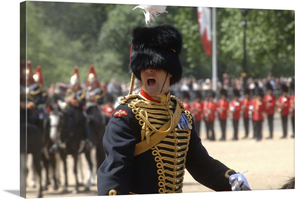 An officer shouts commands during the Trooping the Colour ceremony at Horse Guards Parade, London, England.