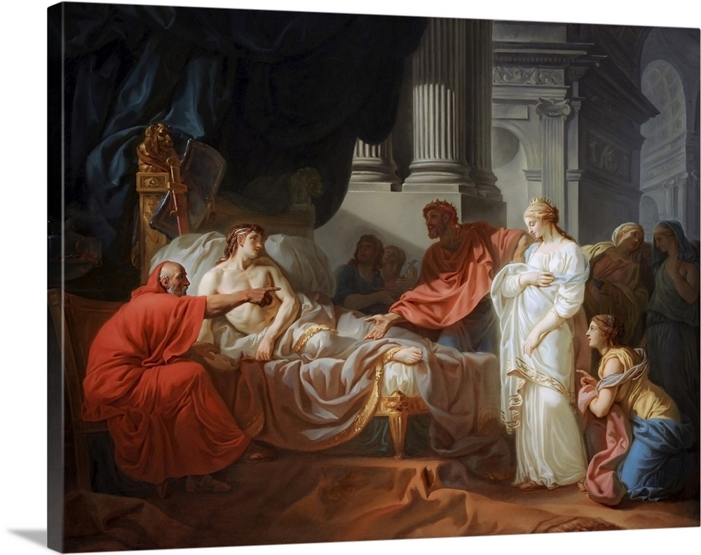 Vintage painting of Antiochus ill in bed as his doctor, Erasistratus, discovers his love for his new mother Stratonice of ...