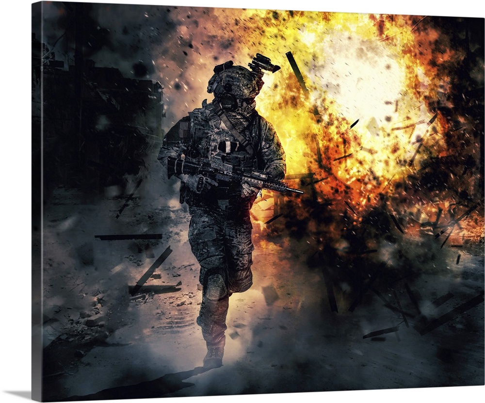 Army soldier in action. Great explosion with fire and smoke billows in the background.