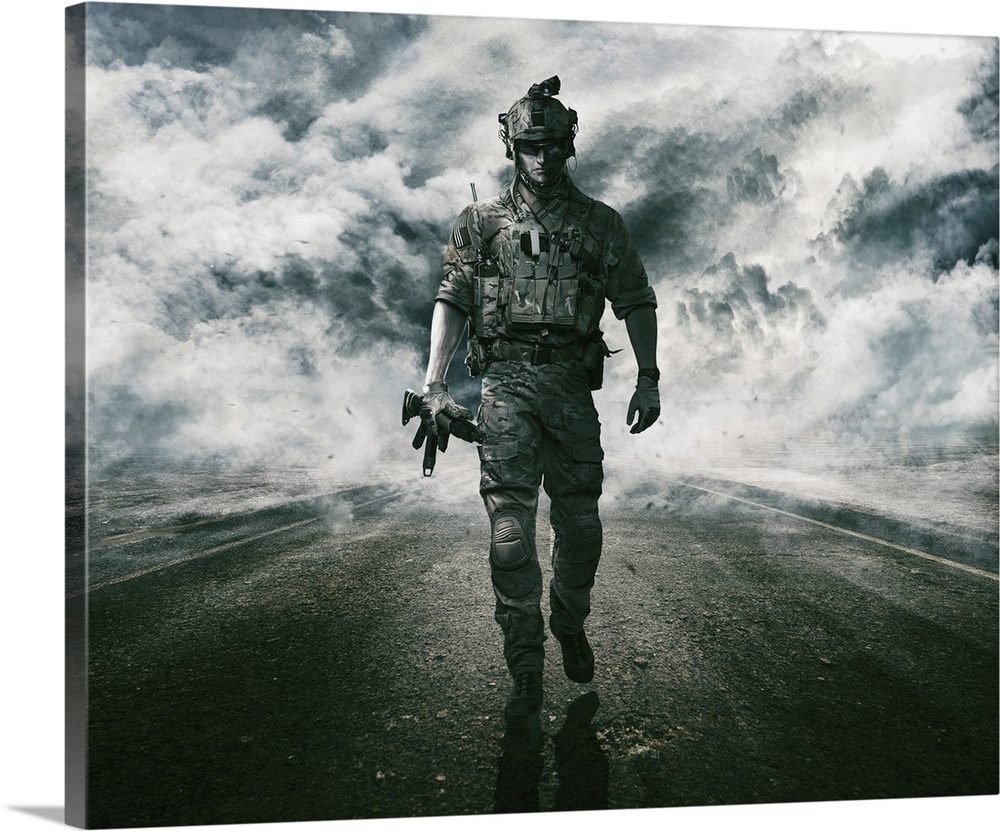 Army soldier moving towards camera on cloudscape background.