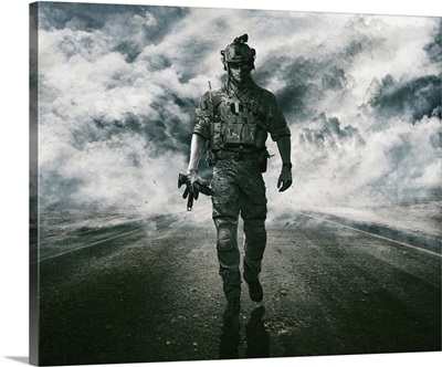Army Soldier Moving Towards Camera On Cloudscape Background