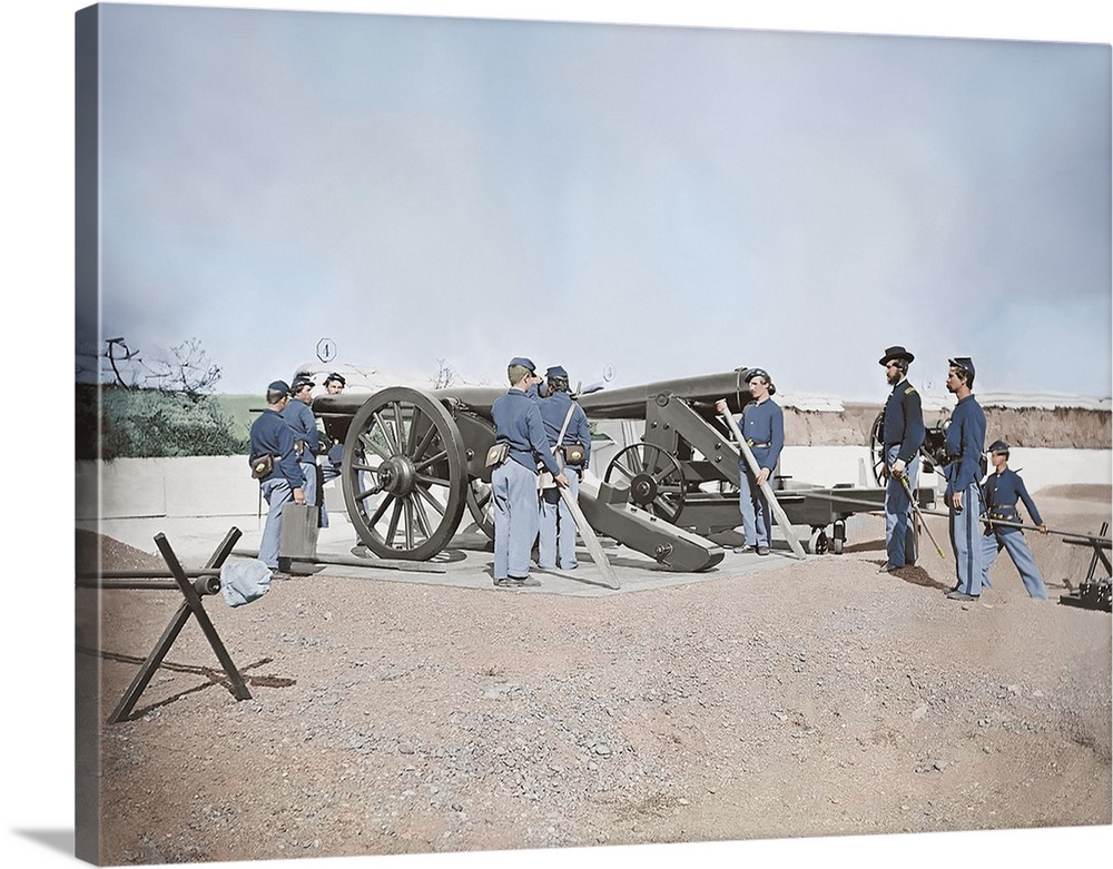 Artillery drill in fort, defenses of Washington during the American Civil War, 1861 -1865. This photo has been digitally r...