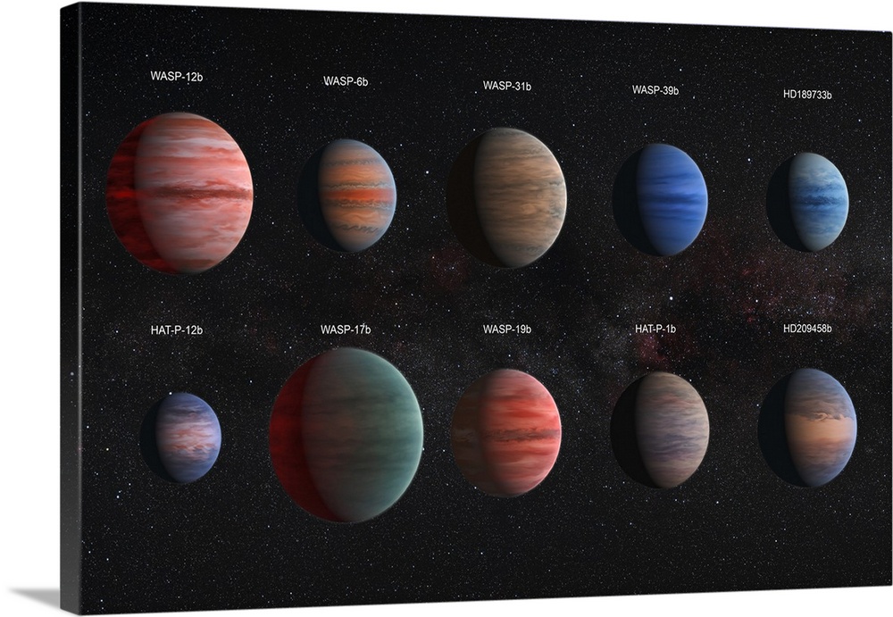 Artist concept of the 10 hot Jupiter WASP exoplanets with a variety of cloud properties.