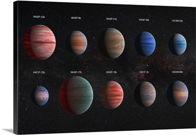 Artist concept of the 10 hot Jupiter WASP exoplanets with a variety of cloud properties