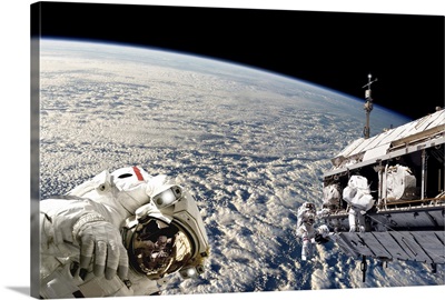 Astronauts performing work on a space station while orbiting Earth