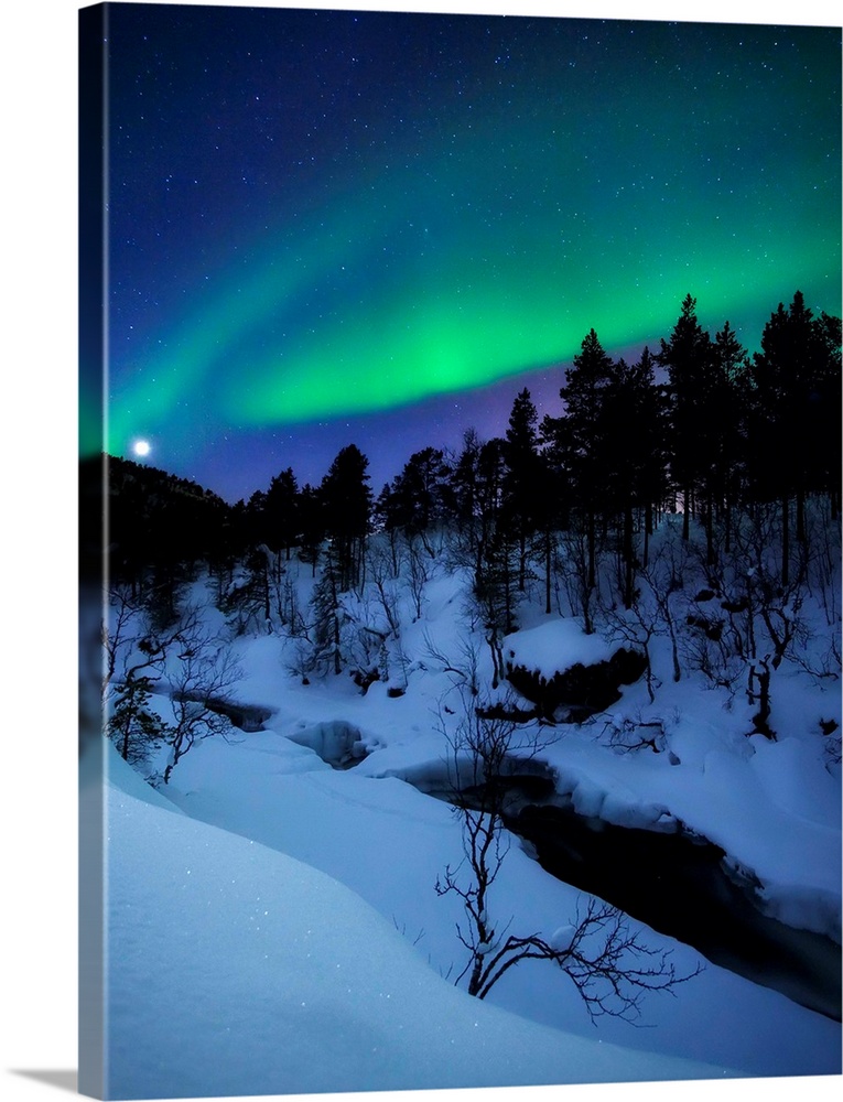 Aurora and a Full Moon over Tennevik River, Troms County, Norway. Auroras are the result of the emissions of photons in th...