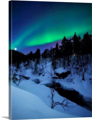 Aurora and a Full Moon over Tennevik River, Troms County, Norway