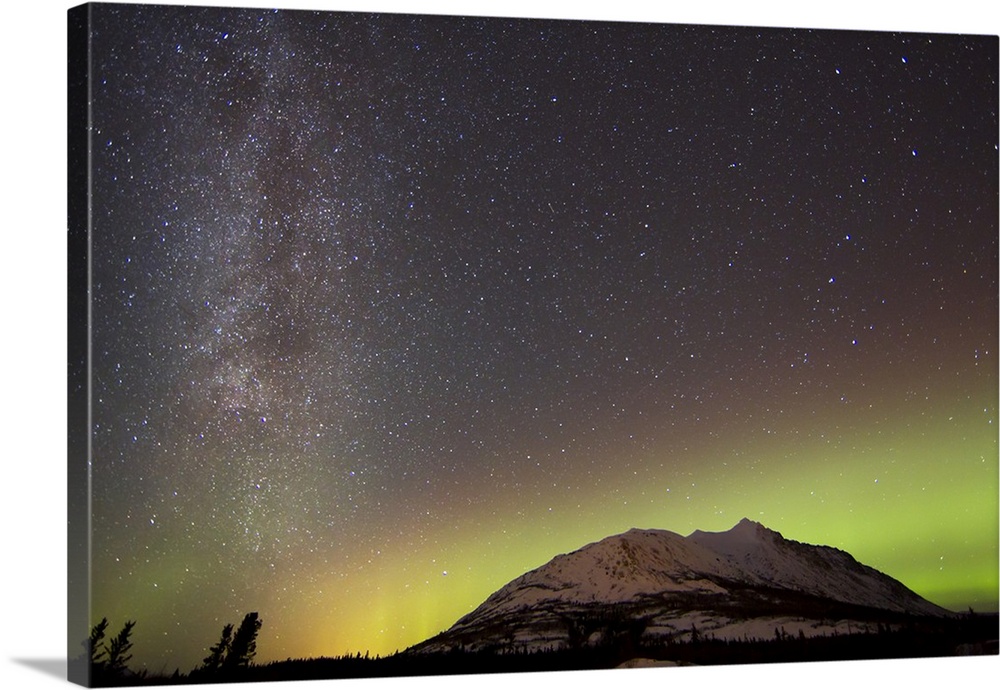 Aurora borealis and Milky Way over Carcross Desert, Carcross, Yukon, Canada.