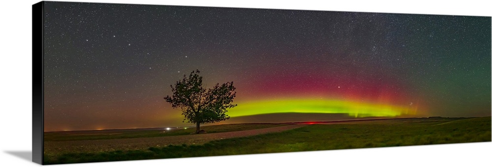 August 26, 2019 - A panorama of the arc of northern lights from Grasslands National Park, Saskatchewan, Canada, from the T...