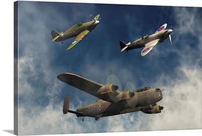 Avro Lancaster heavy bomber, a Hawker Hurricane and Supermarine Spitfire fighter planes