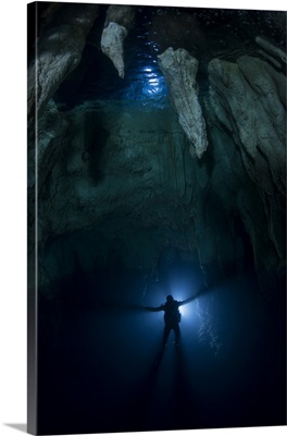 Backlit diver in Chandelier Cave with large stalactites