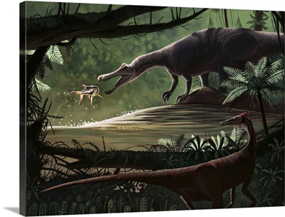 Baryonyx walkeri fishing while a Pelecanimimus observes from the other side