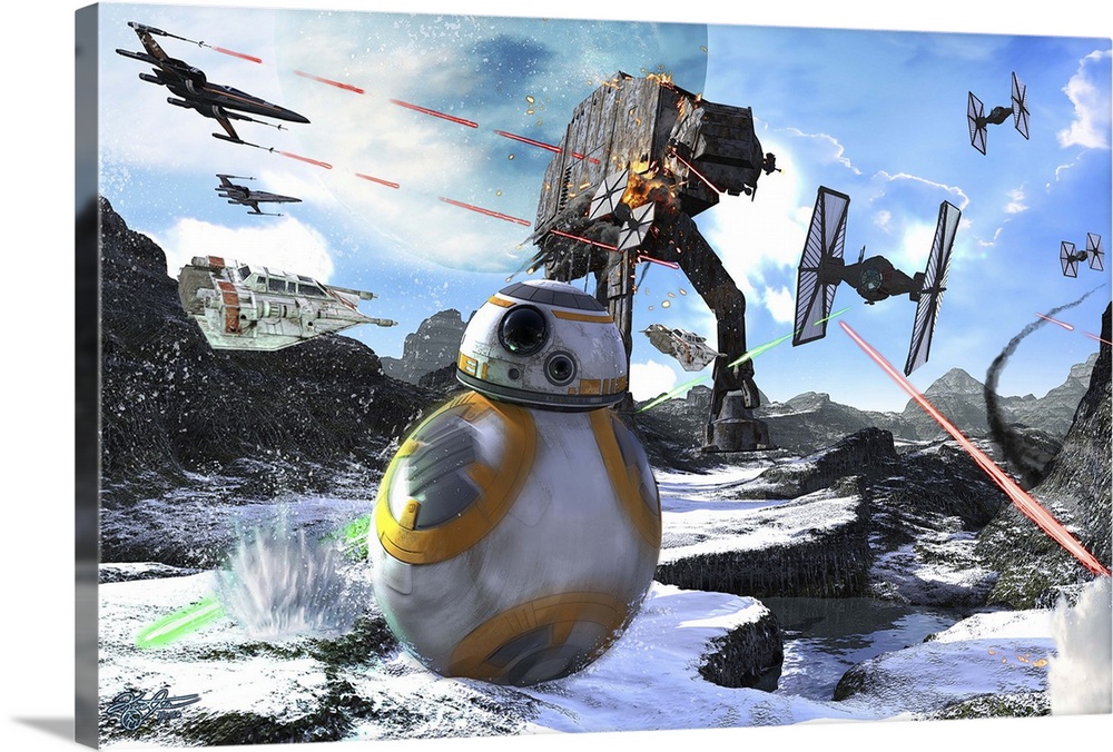 BB-8 rolling through the snow, away from an AT-AT and TIE fighters.