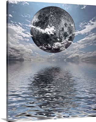 Big Moonrise Over Water Surface, Clouds In The Sky