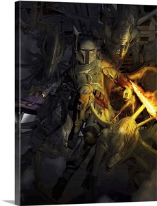 Boba Fett Fighting Off Aliens Wall Art, Canvas Prints, Framed Prints