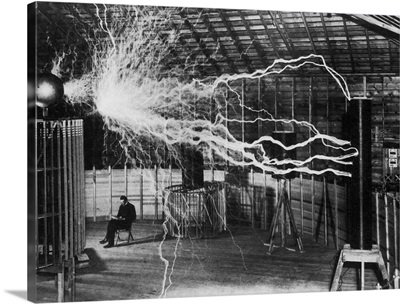 Bolts of electricity discharging in the lab of Nikola Tesla