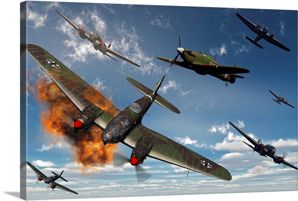 Artist's concept illustrating British Hawker Hurricane fighter planes attacking German Heinkel He 111 bombers.