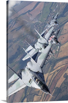 Bulgarian and Polish Air Force MiG-29s planes flying over Bulgaria