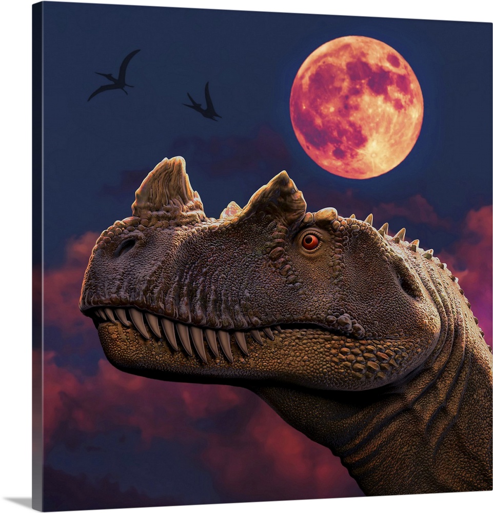 Ceratosaurus dinosaur portrait at night.